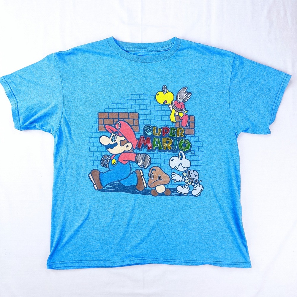 Nintendo T-Shirt Mens L Blue Super Mario Graphic Tee Short Sleeve Cotton‎ Blend